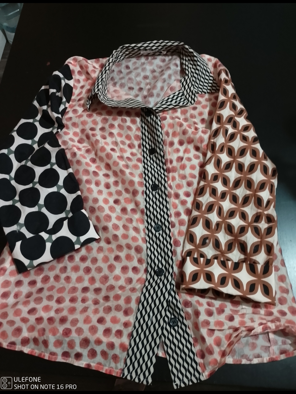 Mixed-Pattern Pink Polka Button-Down Shirt with Contrast Trim